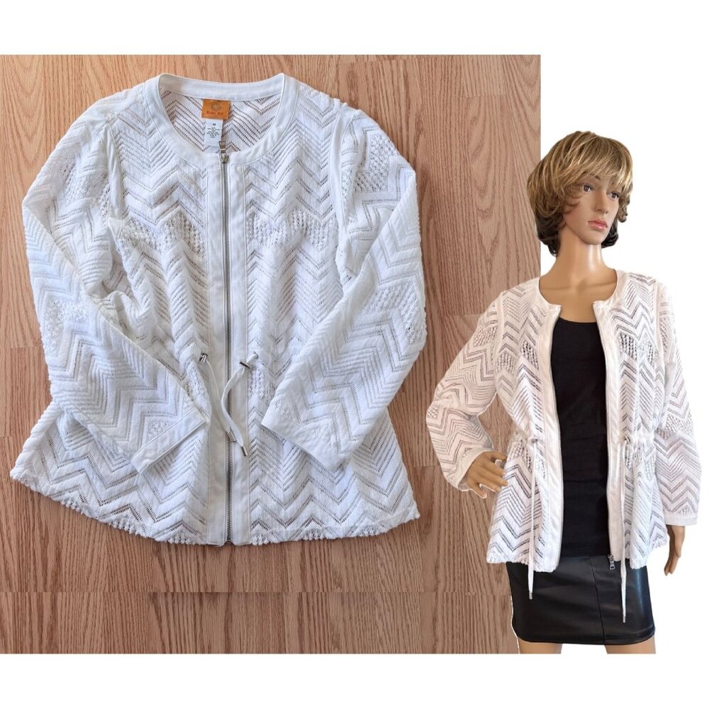 Ruby Rd White Lace Zip Jacket Size Medium Cardigan Ethereal Coastal Timeless